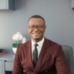 Edward Mairura in suit at desk